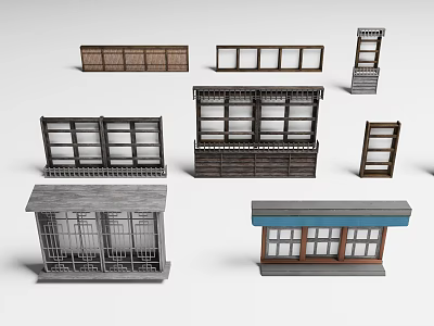 Multiple Window And Storefront Models Featuring Wooden Frames And Railed Designs 3d model
