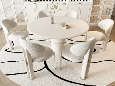 Modern White Round Dining Table And Chairs Set With Upholstered Seats Vase Book On Rug 3d model
