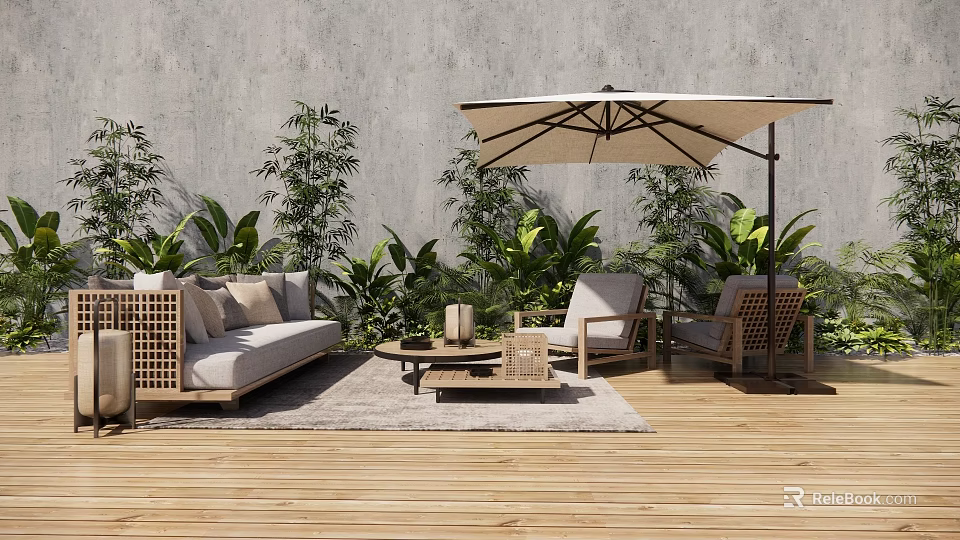 Outdoor Landscape Seating Area With Wooden Sofa Chairs Green Plants And Sunshade Umbrella 3d model 
