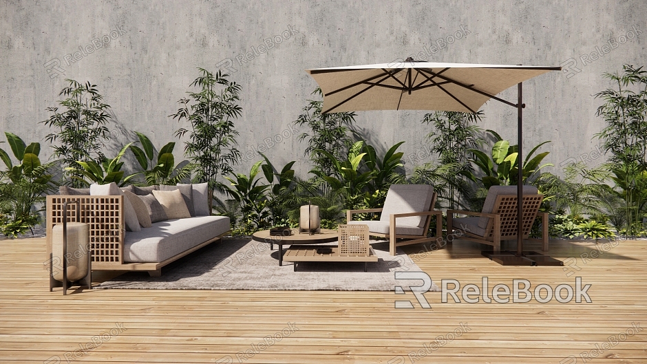 Modern Outdoor Sofa Courtyard Landscape Roof Garden Outdoor Sofa Combination Table and Chair Sunshade Umbrella Coffee Table Lighting Plant Combination Flower model