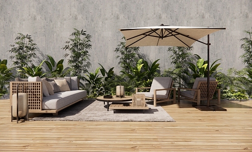 Modern Outdoor Sofa Courtyard Landscape Roof Garden Outdoor Sofa Combination Table and Chair Sunshade Umbrella Coffee Table Lighting Plant Combination Flower 3d model