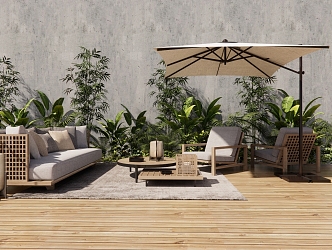 Modern Outdoor Sofa Courtyard Landscape Roof Garden Outdoor Sofa Combination Table and Chair Sunshade Umbrella Coffee Table Lighting Plant Combination Flower 3d model