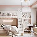 Pastel Kids Room Interior with Bunk Bed Shelves Rabbit Plush Toys Desk and Pendant Lights