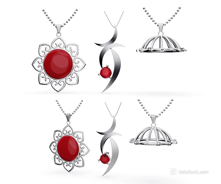 Silver Jewelry Necklaces With Red Gemstone And Various Decorative Pendant Designs 3d model 
