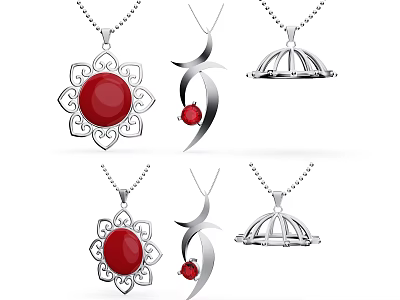 Silver Jewelry Necklaces With Red Gemstone And Various Decorative Pendant Designs 3d model