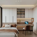 Tatami Bedroom Interior With White Cabinets Window With City View Desk Laptop And Chair