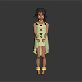 3D Female Character Barefoot In Red Triangle Dress With Yellow Collar Bracelets On Gray Background
