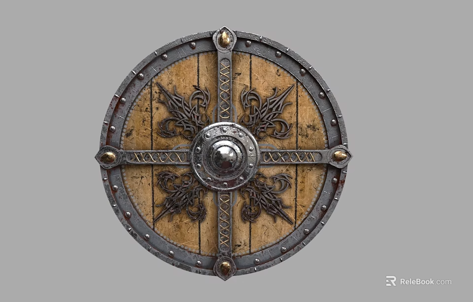 Medieval Shield Historical Weapon With Ornate Carved Patterns Metal Rim And Wooden Surface 3d model 