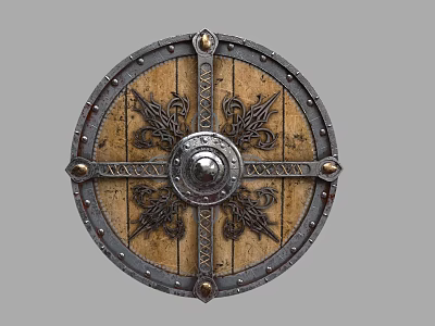 Medieval Shield Historical Weapon With Ornate Carved Patterns Metal Rim And Wooden Surface 3d model