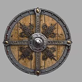 Medieval Shield Historical Weapon With Ornate Carved Patterns Metal Rim And Wooden Surface