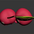 Cute Pink Cherries with Smiling Faces Red Stems and Green Leaf on Dark Background 3d model