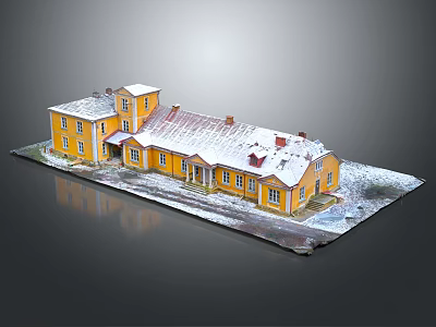 Spacious Yellow Architectural Model Building With Snow Covered Roof Windows And Porch 3d model