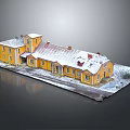 Spacious Yellow Architectural Model Building With Snow Covered Roof Windows And Porch