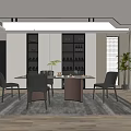 Modern Restaurant Interior With Dining Table Chairs Wine Cabinet And Decorative Plant