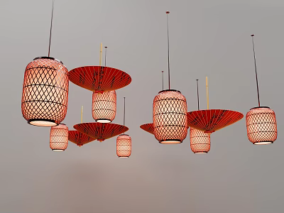 Hanging Red And Orange Bamboo Woven Lanterns With Various Decorative Shapes 3d model