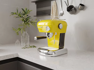 Bright Yellow Coffee Machine As Kitchen Appliance On White Countertop With Green Plant 3d model