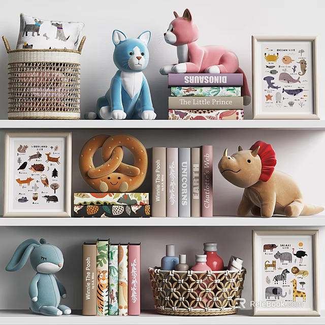 Cute Stuffed Toys On Nursery Shelf With Books Animal Posters And Wicker Baskets 3d model 