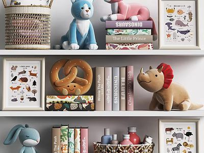 Cute Stuffed Toys On Nursery Shelf With Books Animal Posters And Wicker Baskets 3d model