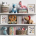 Cute Stuffed Toys On Nursery Shelf With Books Animal Posters And Wicker Baskets
