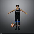 Woman in Basketball Uniform Standing with Arms Outstretched Next to Basketball