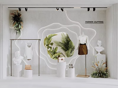 Stylish Fashion Store Window Display with Mannequins Green Plants White Pedestals and Neon Lights 3d model