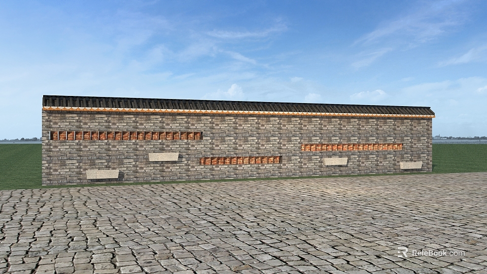 Gray Brick Scenic Wall With Orange Decorative Lattice Against Clear Blue Sky And Stone Pavement 3d model 