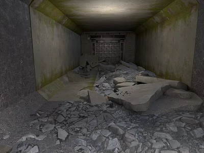 Abandoned Tunnel Interior With Moss Covered Walls Scattered Rubble And End Metal Door 3d model