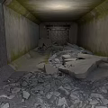 Abandoned Tunnel Interior With Moss Covered Walls Scattered Rubble And End Metal Door
