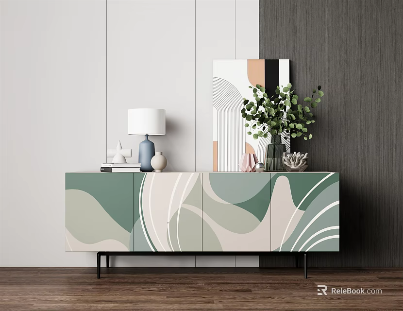 Modern Entryway Console Table With Green Beige Abstract Pattern And Decorative Items 3d model