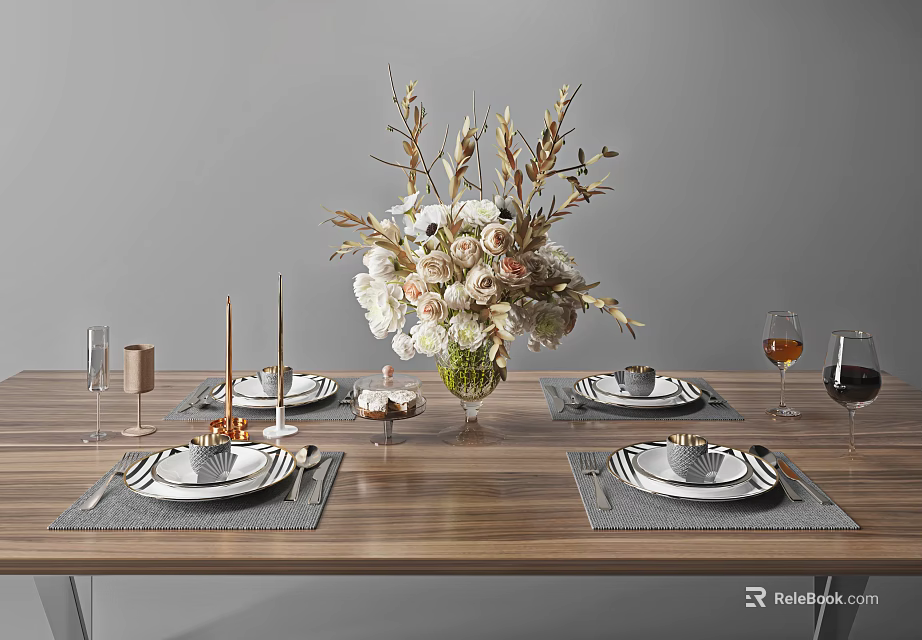 Elegant Tableware Set with Plates Bowls Utensils Gray Placemats Floral Arrangement Dinner Setting 3d model 