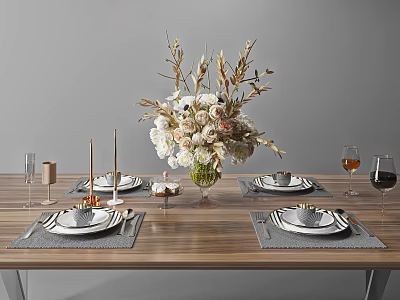 Elegant Tableware Set with Plates Bowls Utensils Gray Placemats Floral Arrangement Dinner Setting 3d model