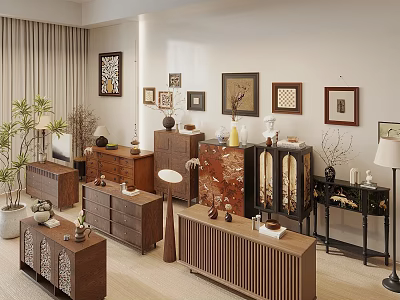 Modern Wooden Entryway Console And Side Cabinets With Decorative Vases Ornaments Lamp And Plant 3d model