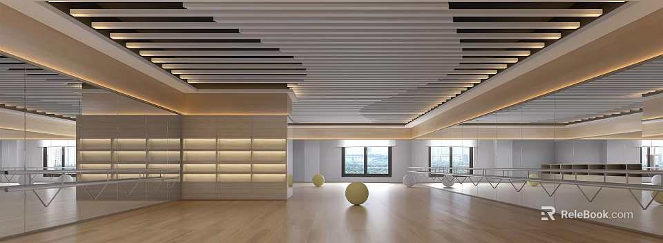 Modern Fitness Studio With Spacious Open Area Wooden Flooring Windows And Exercise Balls 3d model 