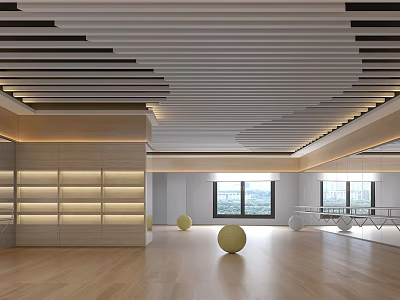 Modern Fitness Studio With Spacious Open Area Wooden Flooring Windows And Exercise Balls 3d model