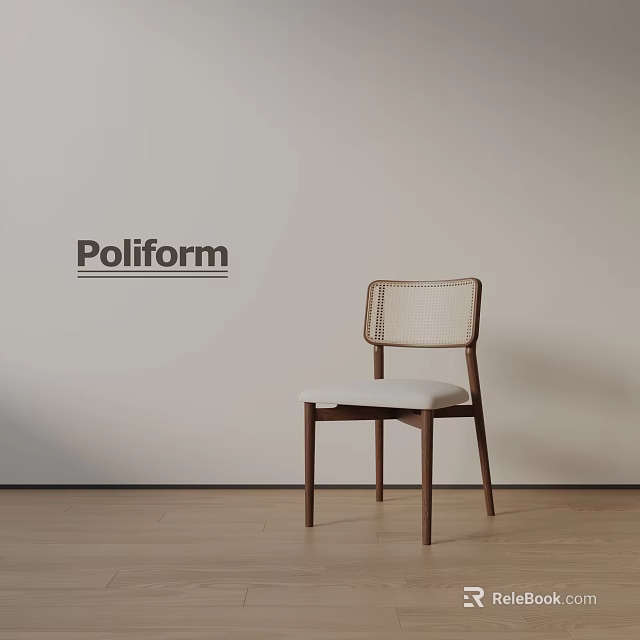 Poliform Dining Chair with Wooden Frame Woven Backrest White Seat and Light Wall Wooden Floor 3d model 