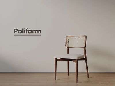 Poliform Dining Chair with Wooden Frame Woven Backrest White Seat and Light Wall Wooden Floor 3d model