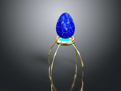 Blue Marble Texture Bird Egg on Golden Stand with Green Accents and Glowing Base 3d model