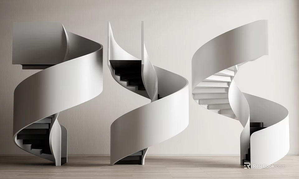 Modern Spiral Stairs With White Curved Structure And Black Steps In Interior 3d model 