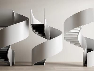 Modern Spiral Stairs With White Curved Structure And Black Steps In Interior 3d model