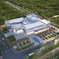 Aerial View Planning of Modern Building Complex With Glass Facade Greenery Roads and Plaza