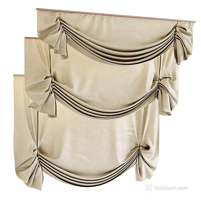 Elegant Beige Curtains With Pleated Design And Decorative Knots In Luxurious Fabric 3d model 