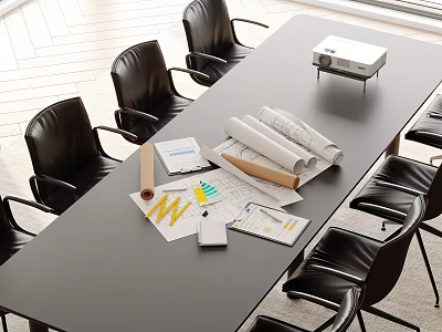 Modern Conference Table In Meeting Room With Black Chairs Projector Rolled Plans Charts And Documents 3d model