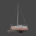 Yacht With White And Red Striped Hull On Trailer Featuring Mast And Gear