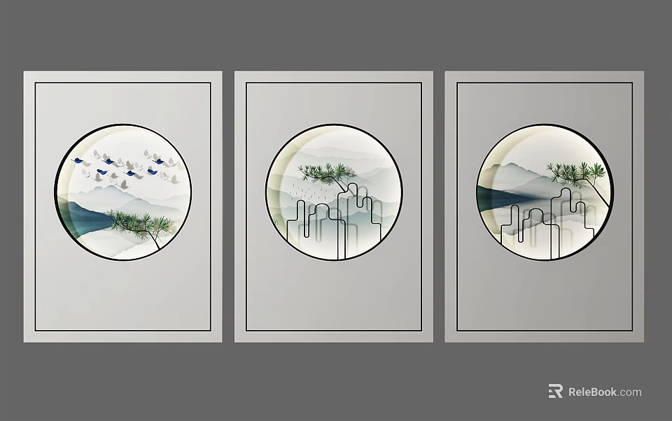Modern Background Wall With Three Circular Landscape Paintings And Bird Designs 3d model