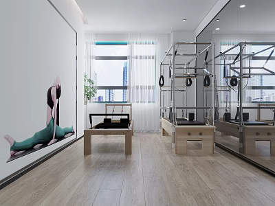 Bright Modern Fitness Studio With Yoga Pose Painting And Pilates Equipment And Large Mirrors 3d model