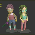 Cartoon Character Sculptures Featuring Male With Sword And Female In Glasses On Hexagon Bases