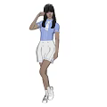Woman With Long Hair Wearing Light Blue Short Sleeve Top And White Skirt Posing