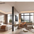 Modern Hotel Guest Room With King Bed Desk Chair Sofa And City View Through Windows