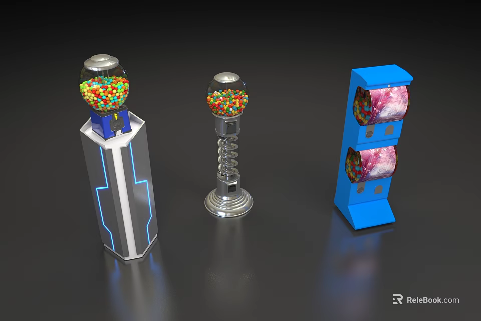 Three Different Gumball Machines And Candy Dispensers With Transparent Bodies And Colorful Candies 3d model 