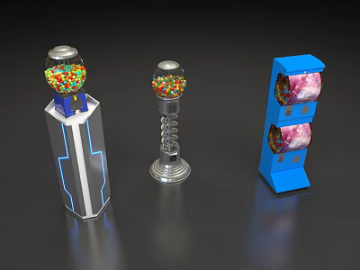 Three Different Gumball Machines And Candy Dispensers With Transparent Bodies And Colorful Candies 3d model